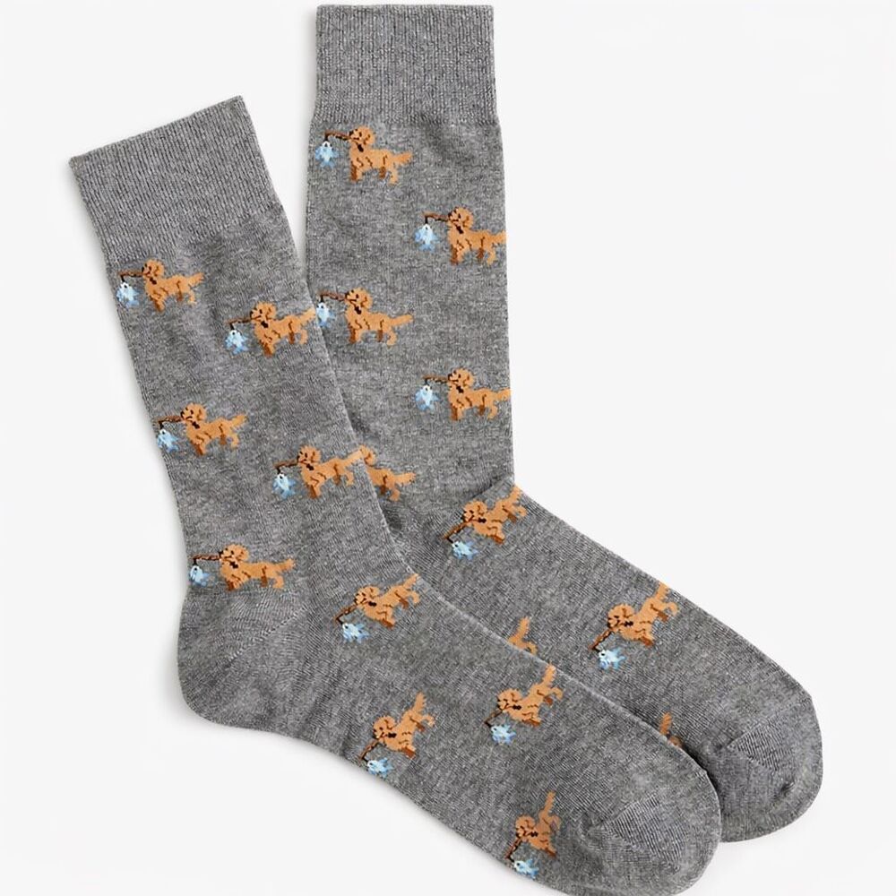 J.Crew Fishing Dog Socks Heather Gray Crew Novelty NWT One Size Men